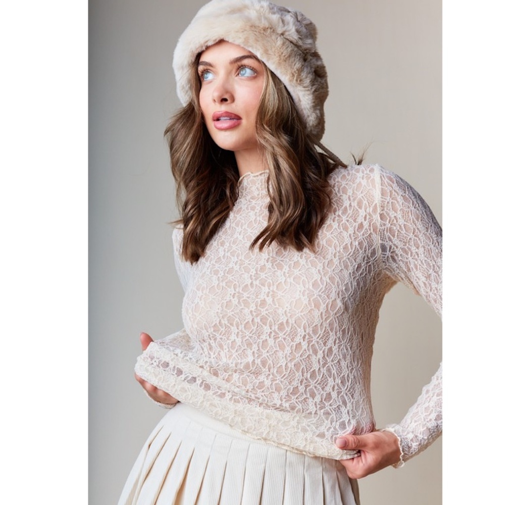 🌟 “The Paris" Cream Elegant Sheer Lace Mock Neck Top